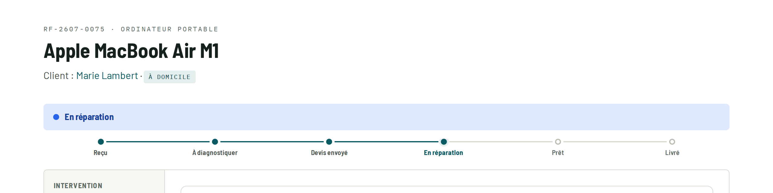 Fiche de réparation ReparFlow avec son suivi d'étapes